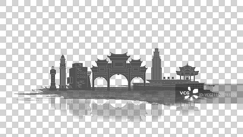 汕尾中国风水墨城市毛笔建筑水彩画山水城市图片素材
