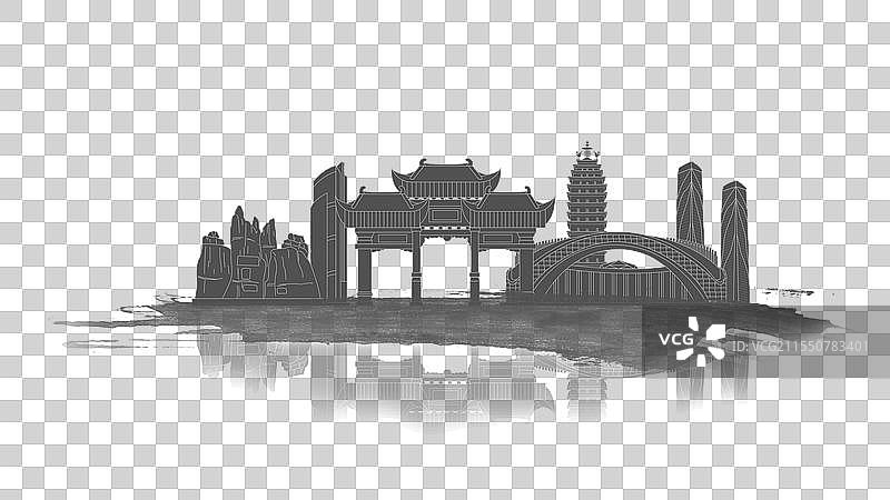 昆明中国风水墨城市毛笔建筑水彩画山水城市图片素材