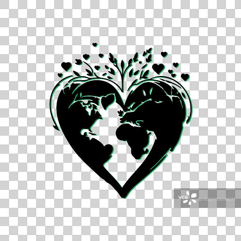 世界心脏与绿色叶子和心形的概念图片素材