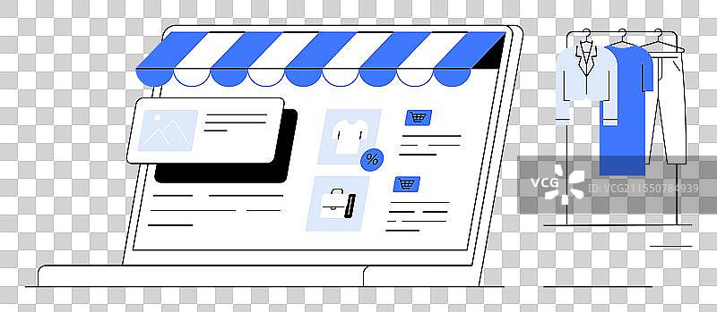 在线服装店铺，配有笔记本电脑和衣物图片素材