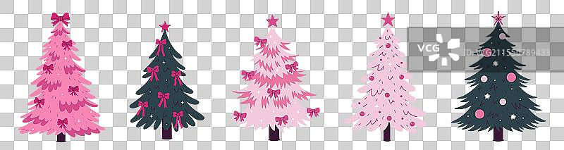 绿色和粉色圣诞树的集合图片素材
