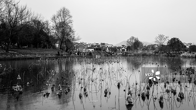 早春烟雨中的安徽呈坎古村落一景图片素材
