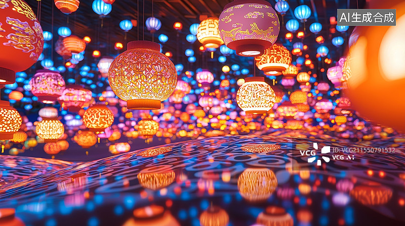 【AI数字艺术】春节元宵灯会上的红灯笼特写图片素材