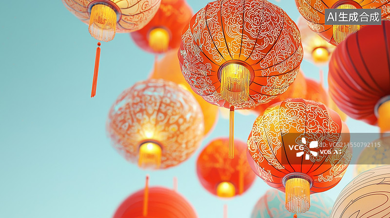 【AI数字艺术】春节元宵灯会上的红灯笼特写图片素材