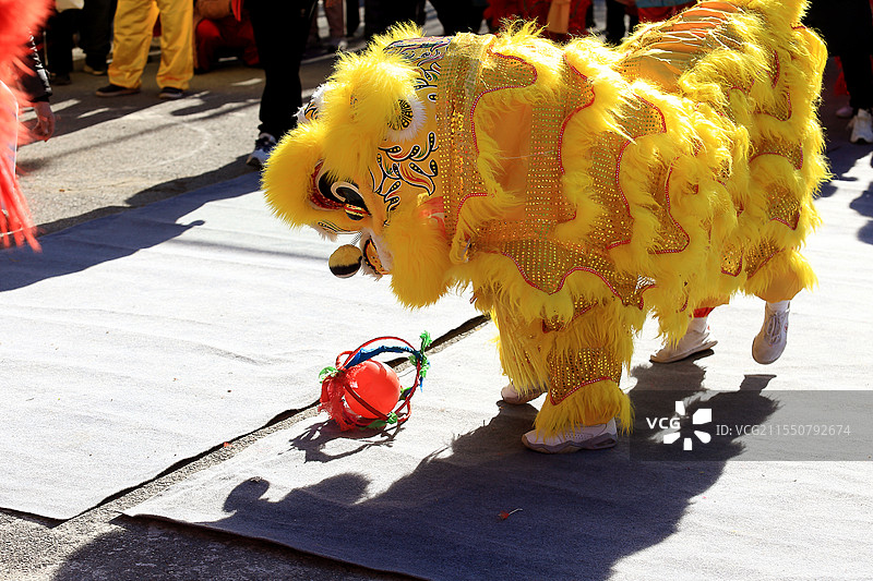 少年舞狮队在庙会上表演的舞狮图片素材