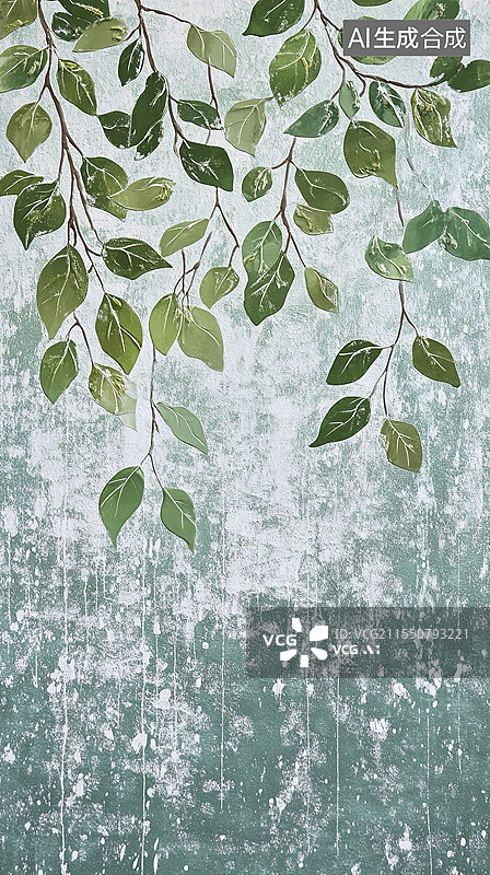 【AI数字艺术】创意春茶概念悬浮绿芽绿色青藤植物复古壁纸设计青色纹理壁纸背景海报设计图片素材