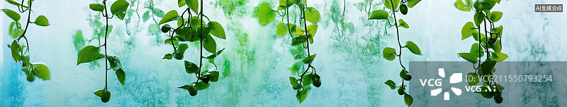 【AI数字艺术】创意春茶概念悬浮绿芽绿色青藤植物复古壁纸设计青色纹理壁纸背景海报设计图片素材