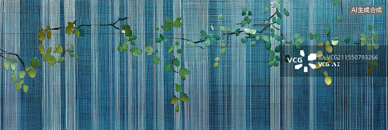 【AI数字艺术】创意春茶概念悬浮绿芽绿色青藤植物复古壁纸设计青色纹理壁纸背景海报设计图片素材