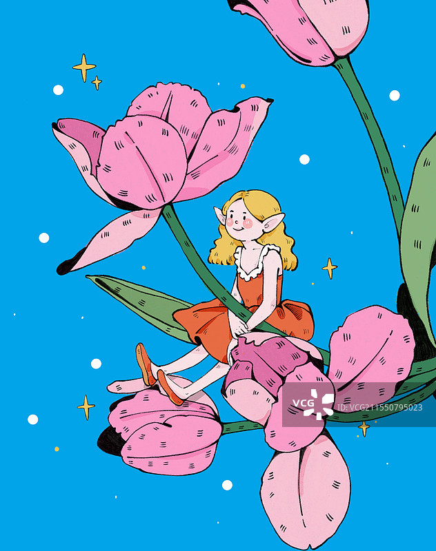郁金香花仙子扁平手绘插画图片素材