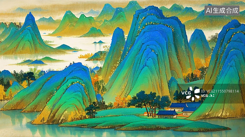 【AI数字艺术】青绿山水插国画图片素材