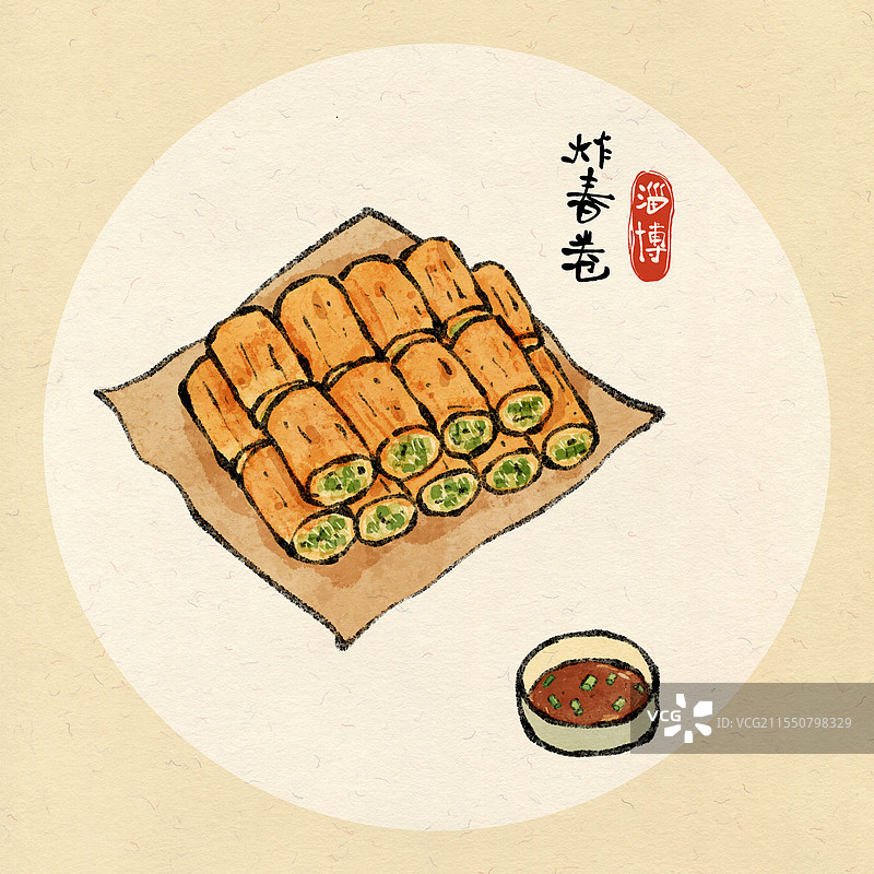 山东淄博美食国风插画-炸春卷图片素材