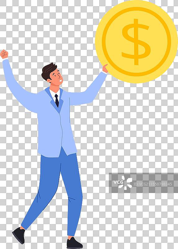 男人手持大金币，象征财富与金融。图片素材