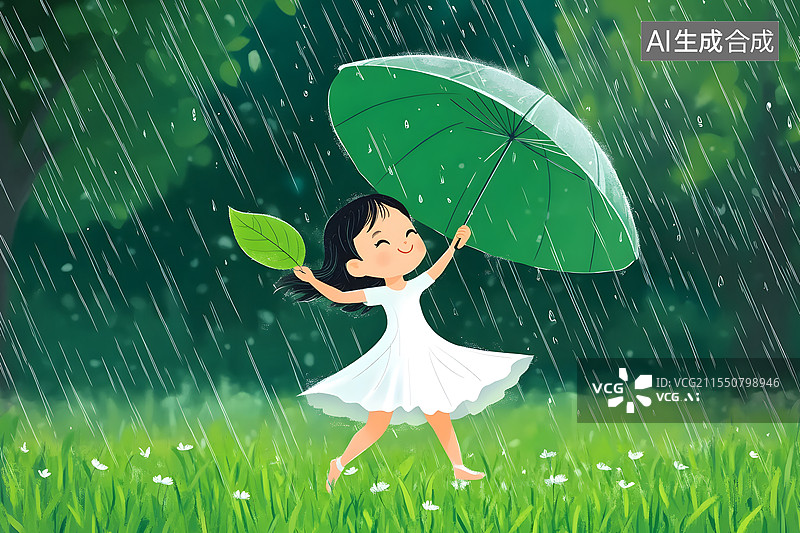 【AI数字艺术】雨中打伞的小女孩图片素材