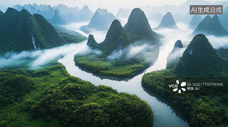 【AI数字艺术】云雾缭绕的喀斯特峰林风光图片素材