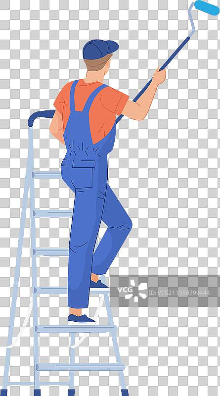 手工艺人在梯子上为房屋翻新粉刷墙壁图片素材