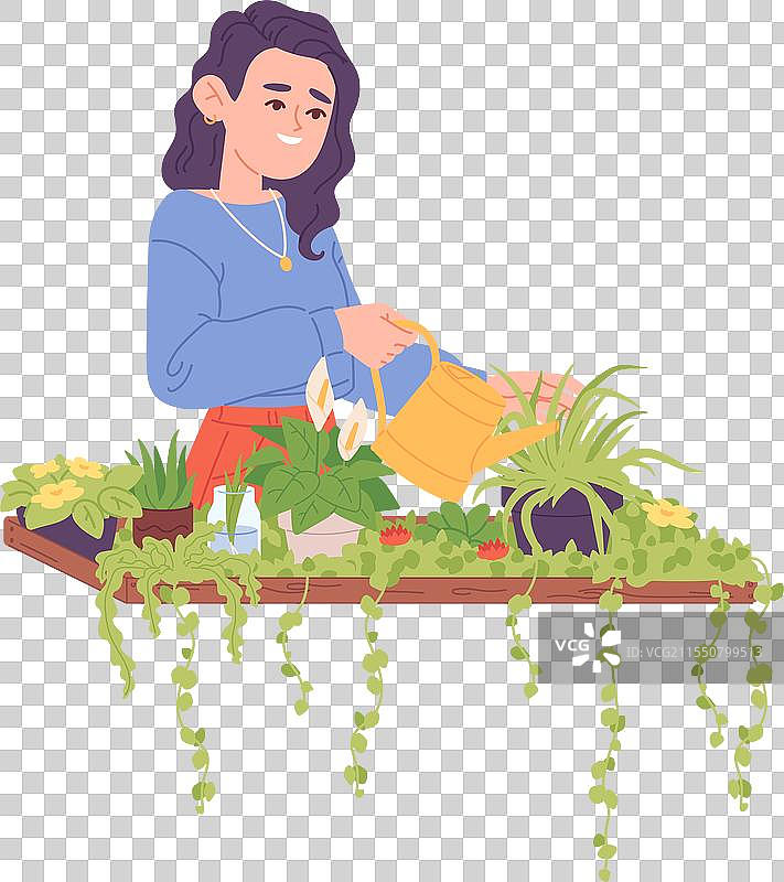 女人在家中花园浇灌室内植物，进行家务劳动图片素材