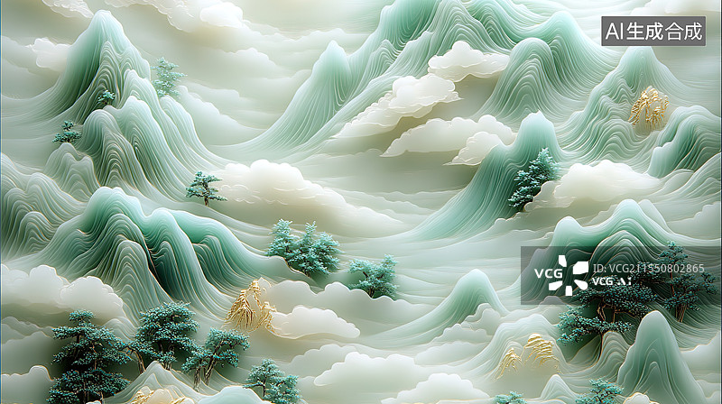 【AI数字艺术】国风金镶玉雕山水意境图片素材