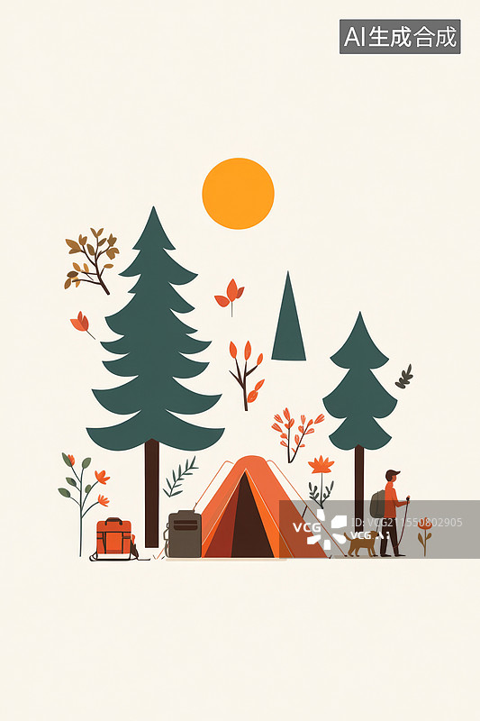 【AI数字艺术】户外徒步旅行露营扁平插画图片素材