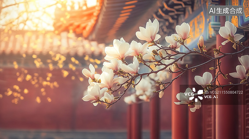 【AI数字艺术】春天中国古建筑红墙背景下盛开的玉兰花图片素材