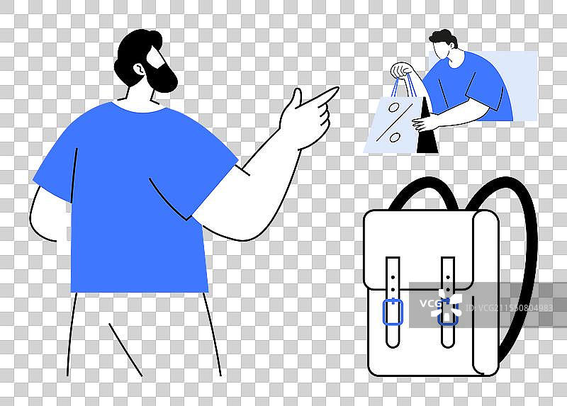 一个背着大背包的男人在指着某个方向图片素材