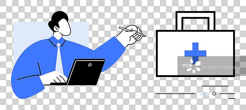 商务专业人士使用笔记本电脑，手持钢笔。图片素材