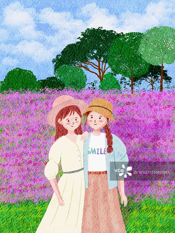 水彩插画春天自然风光风景闺蜜旅游可爱女孩图片素材