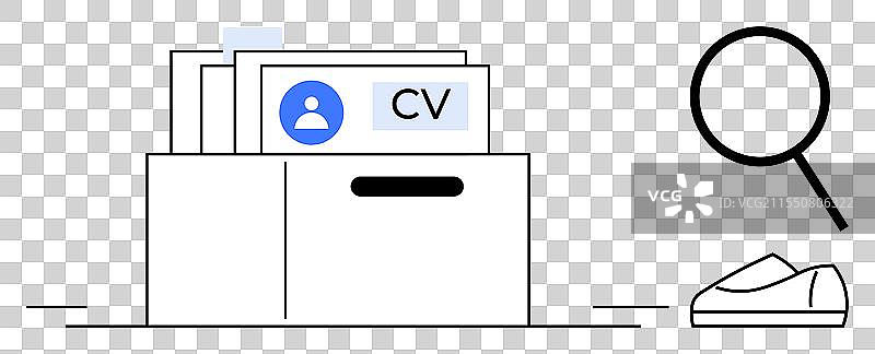 人力资源文件箱，里面装有简历和放大镜图片素材