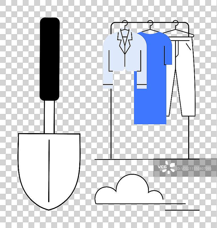 带云的架子上的园艺工具和衣物图片素材