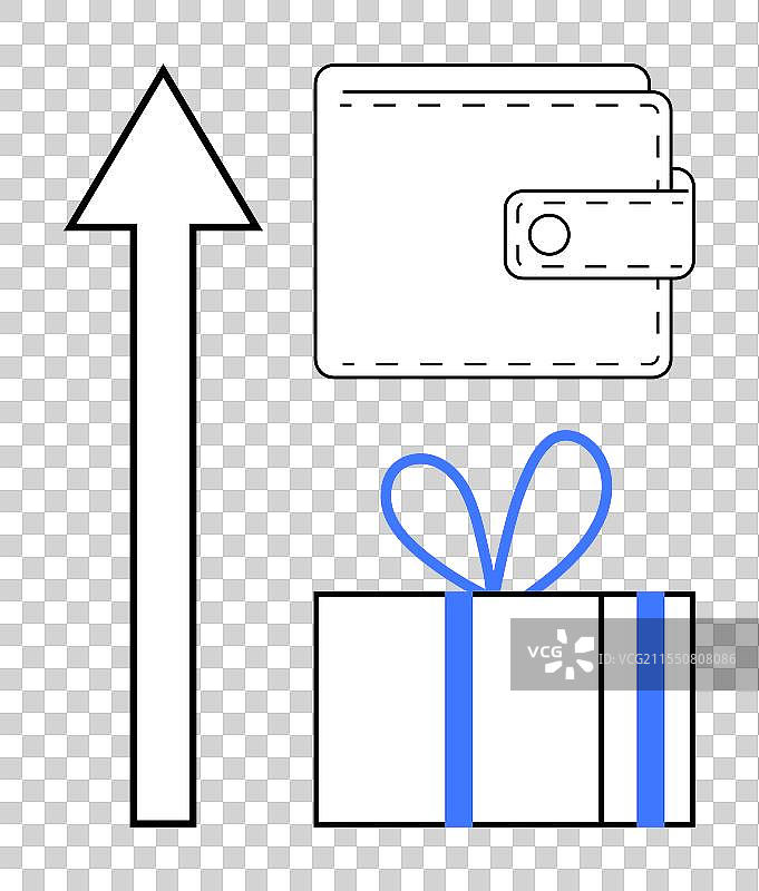 钱包、向上的箭头和蓝色礼品盒图片素材