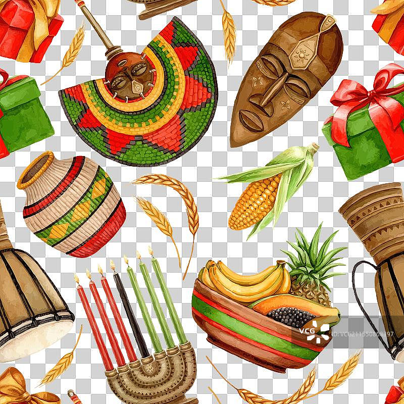 宽扎节的非洲鼓散布无缝图案图片素材