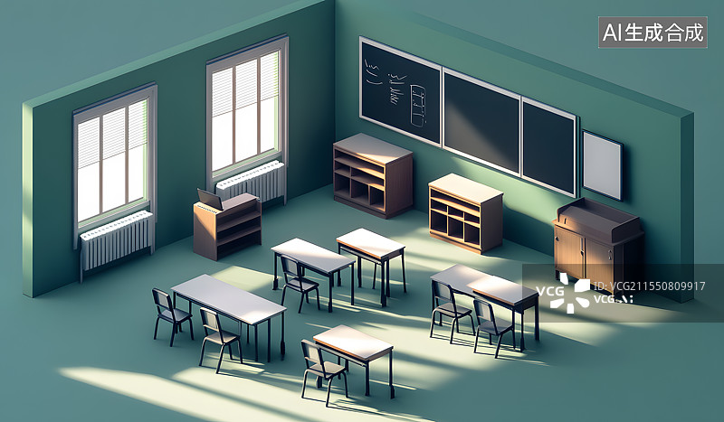 【AI数字艺术】3D等距视图学校教室场景课堂读书教育学习图片素材