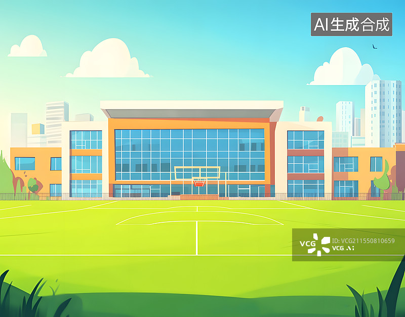 【AI数字艺术】学校操场足球场卡通插画体育运动背景图片素材
