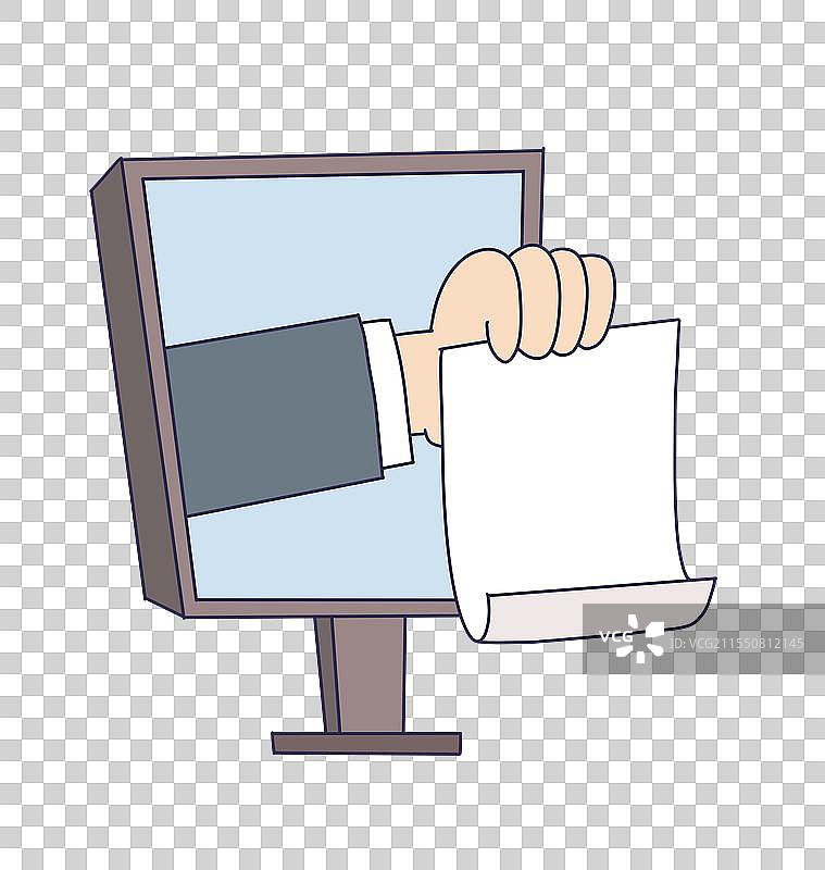 电脑显示器中伸出的手拿着空白纸张图片素材