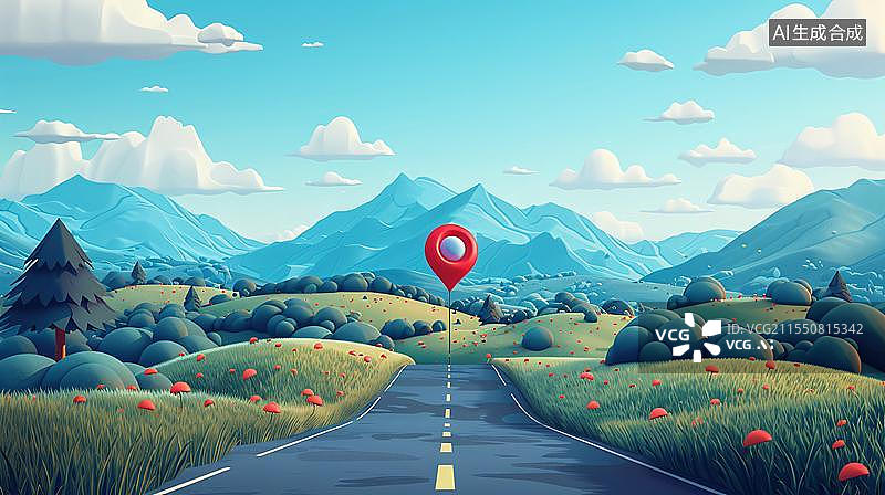 【AI数字艺术】地图上的蓝色定位图标——导航定位概念   地图GPS定位图标创意3D渲染图图片素材
