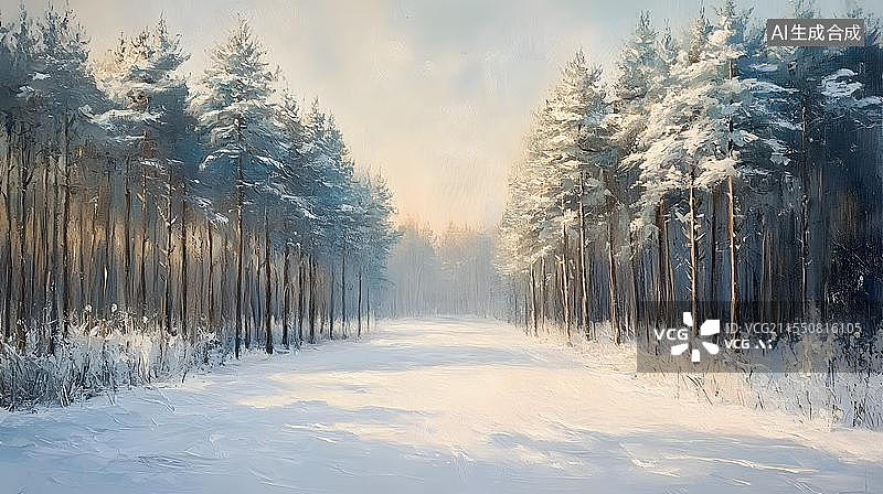 【AI数字艺术】宁静的冬季景观，高大的松树上覆盖着柔软的雪，地面上覆盖着一层白雪。这个宁静简约的场景捕捉了冬天的宁静图片素材