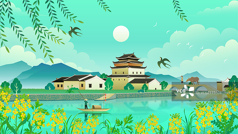 湖南永州上甘棠古建筑群春天国风矢量插画图片素材