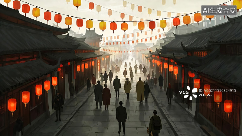 【AI数字艺术】中式古城节日插画图片素材