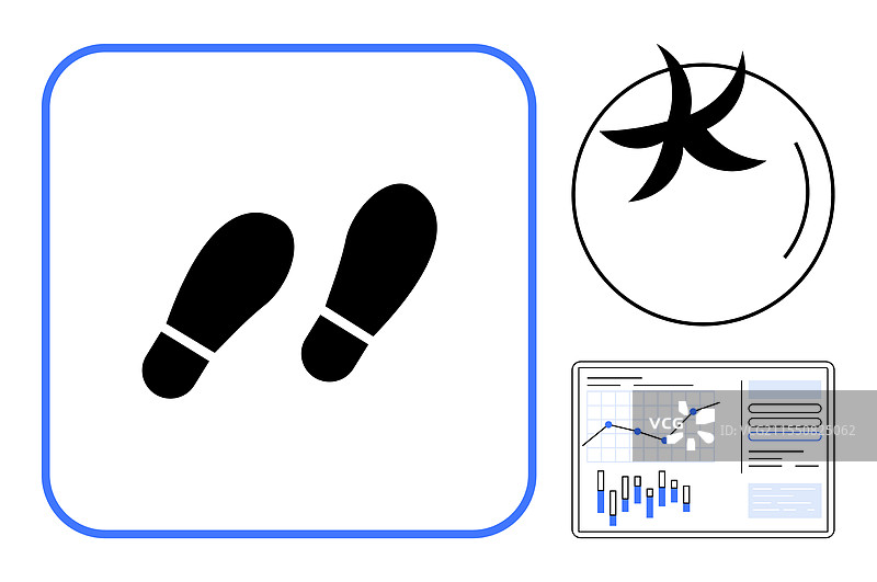 黑色脚印、星号和分析图表图片素材