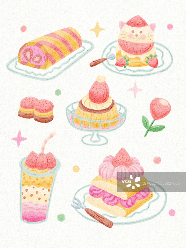 彩铅美食可爱插画甜点蛋糕草莓饮料糖果图片素材
