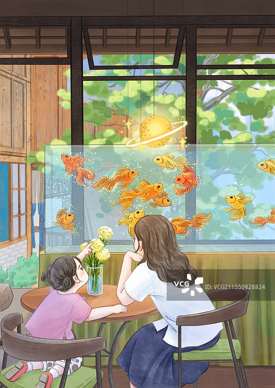 女孩和妈妈一起旅行，在悠闲地喝茶，听风，赏鱼。图片素材