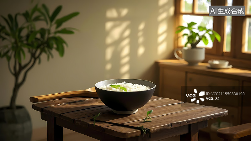 【AI数字艺术】木桌上的一碗粥三维插画图片素材
