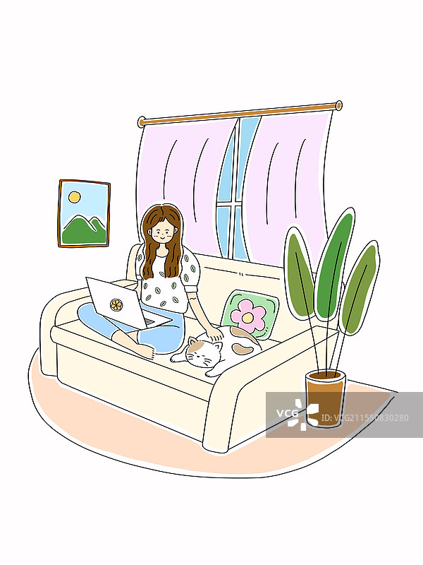 极简线条风室内温暖幸福女孩办公生活日常小场景图片素材