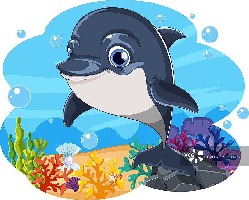 一只快乐的海豚在五彩斑斓的珊瑚中游泳图片素材
