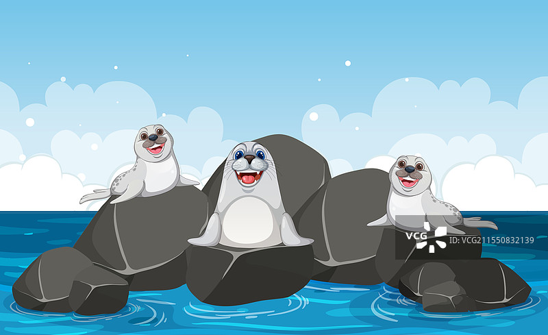 三只快乐的海豹在海洋岩石上悠闲地晒太阳图片素材