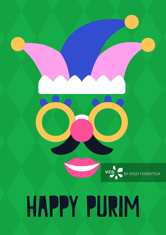 快乐的普林节贺卡设计，搞笑的小丑戴着小丑帽图片素材