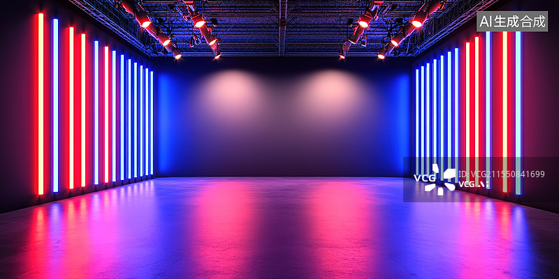 【AI数字艺术】蓝紫色霓虹灯下的舞台背景图片素材