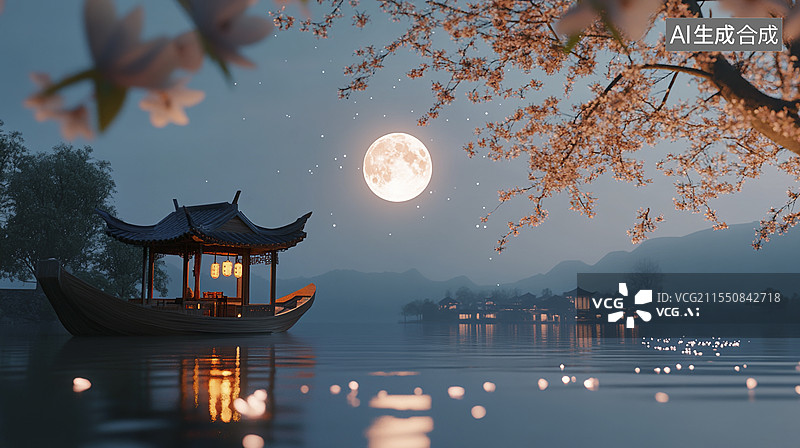 【AI数字艺术】月圆之夜在湖面游船插画图片素材