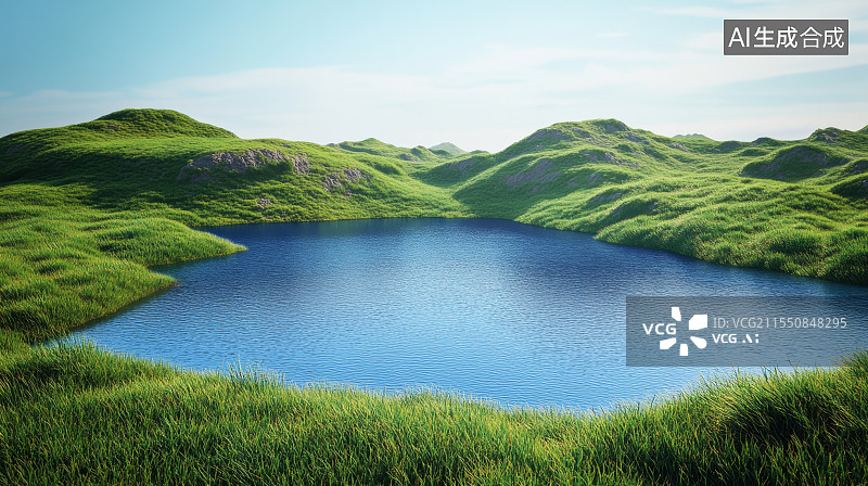 【AI数字艺术】三维水面和绿色草坪山丘图片素材