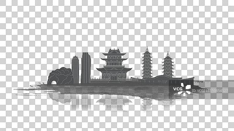 桂林中国风水墨城市毛笔建筑水彩画山水城市图片素材