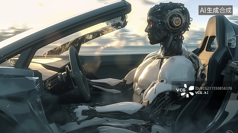 【AI数字艺术】机器人智能化和无人驾驶的汽车技术图片素材